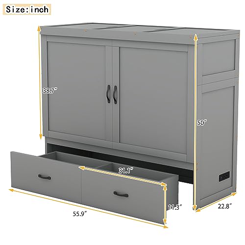 Queen Size Murphy Bed with Shelves and LED Lights, Foldable Wall Bed Frame, White-AB39 C474844