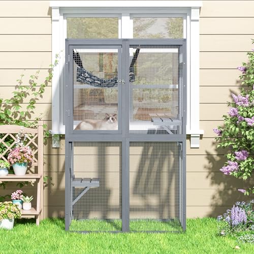 COZIWOW Catio Outdoor Cat Enclosure with Window Access, Wooden Kitty Cage, White T1021