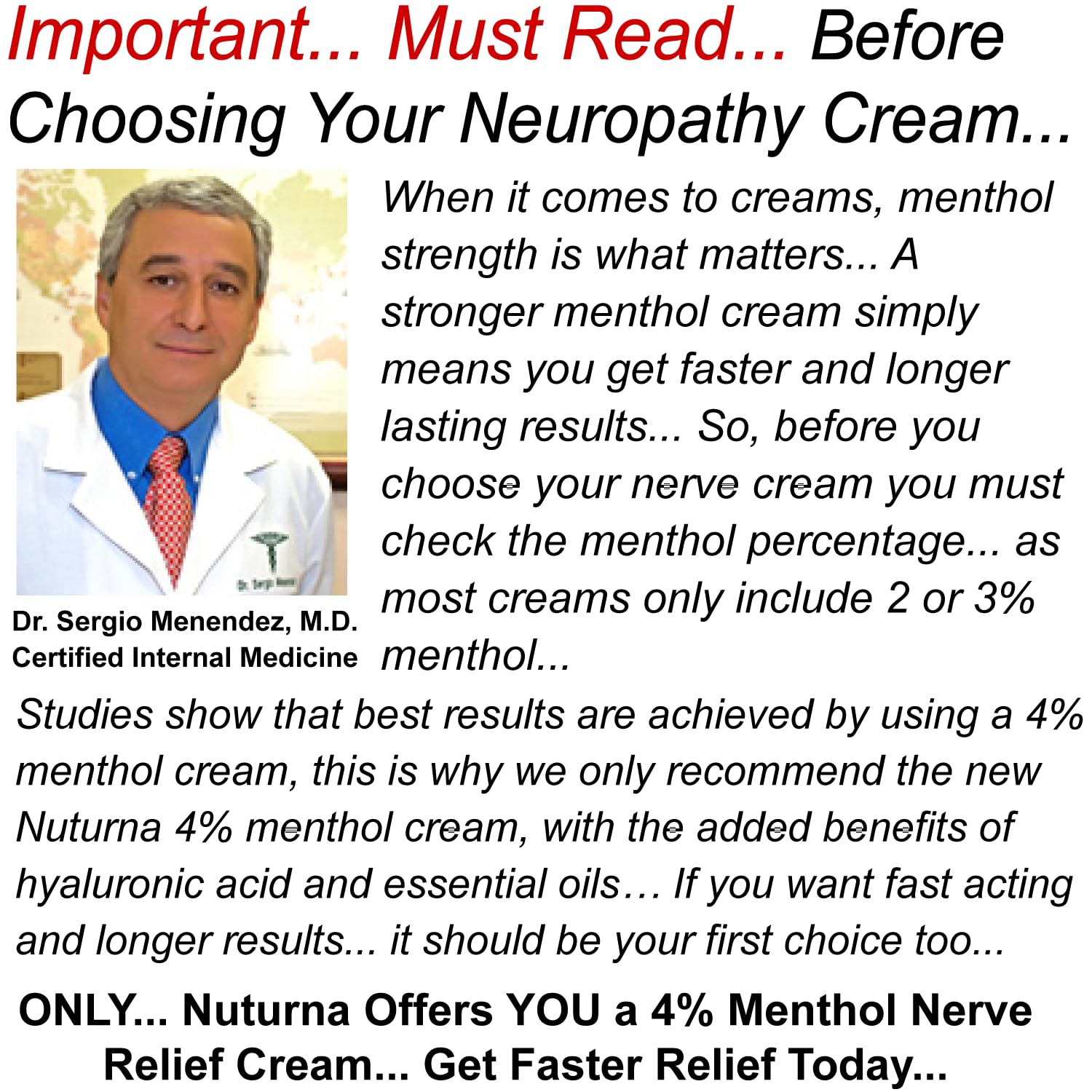 Neuropathy Nerve Relief Cream 4% Menthol MSM for Feet Hands Legs Toes & Back 6 Oz I46373