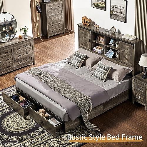 VanAcc Full Size Wooden Platform Bed with Bookcase Headboard and 2 Drawers O6158