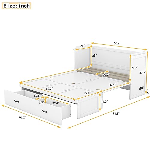 Ball & Cast Queen Size Solid Pine Murphy Bed with Charging Station, White + Walnut P2075