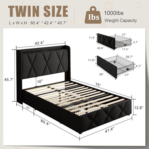 Queen Bed Frame with 4 Storage Drawers and Charging Station, Black S804993