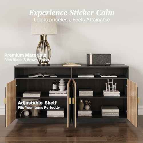 BELLEZE 65 Inch Fluted Buffet Cabinet with Storage, Caramel Brown U96619