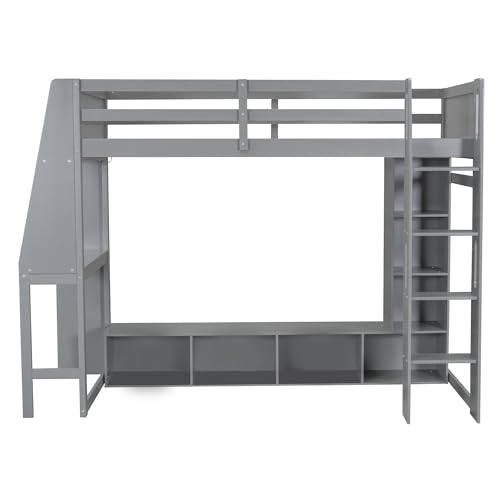 SOFTSEA Full Size Loft Bed with Desk, Storage and LED Lights, Solid Wood, Grey Q282