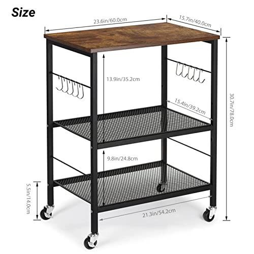 LIANTRAL 3 Tier Rolling Cart, Brown Kitchen Storage Cart on Wheels M635