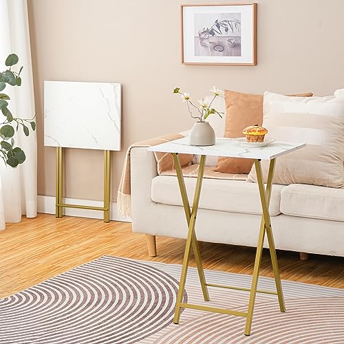 HOOBRO Folding TV Tray Tables, Set of 2, Marble and Gold C48497