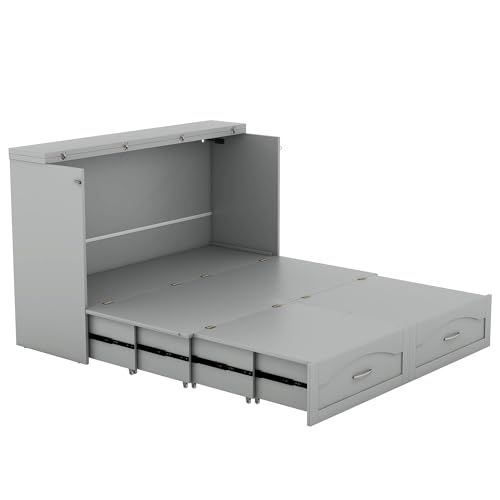 Convertible Murphy Bed 2-in-1 Solid Wood Wall Bed with Drawer & USB Ports, Queen, Grey W146