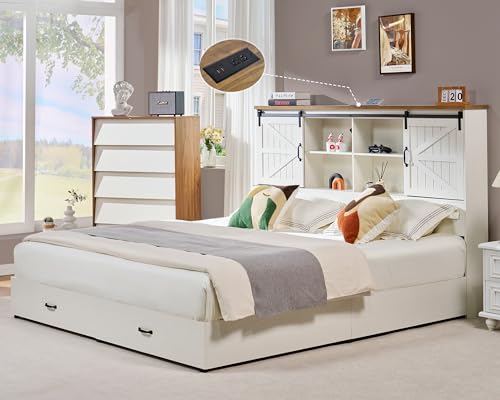 VanAcc Full Size Wooden Platform Bed with Bookcase Headboard and 2 Drawers O6158