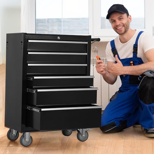 6-Drawer Rolling Tool Chest Cabinet with Wheels and Locking, Black W270288
