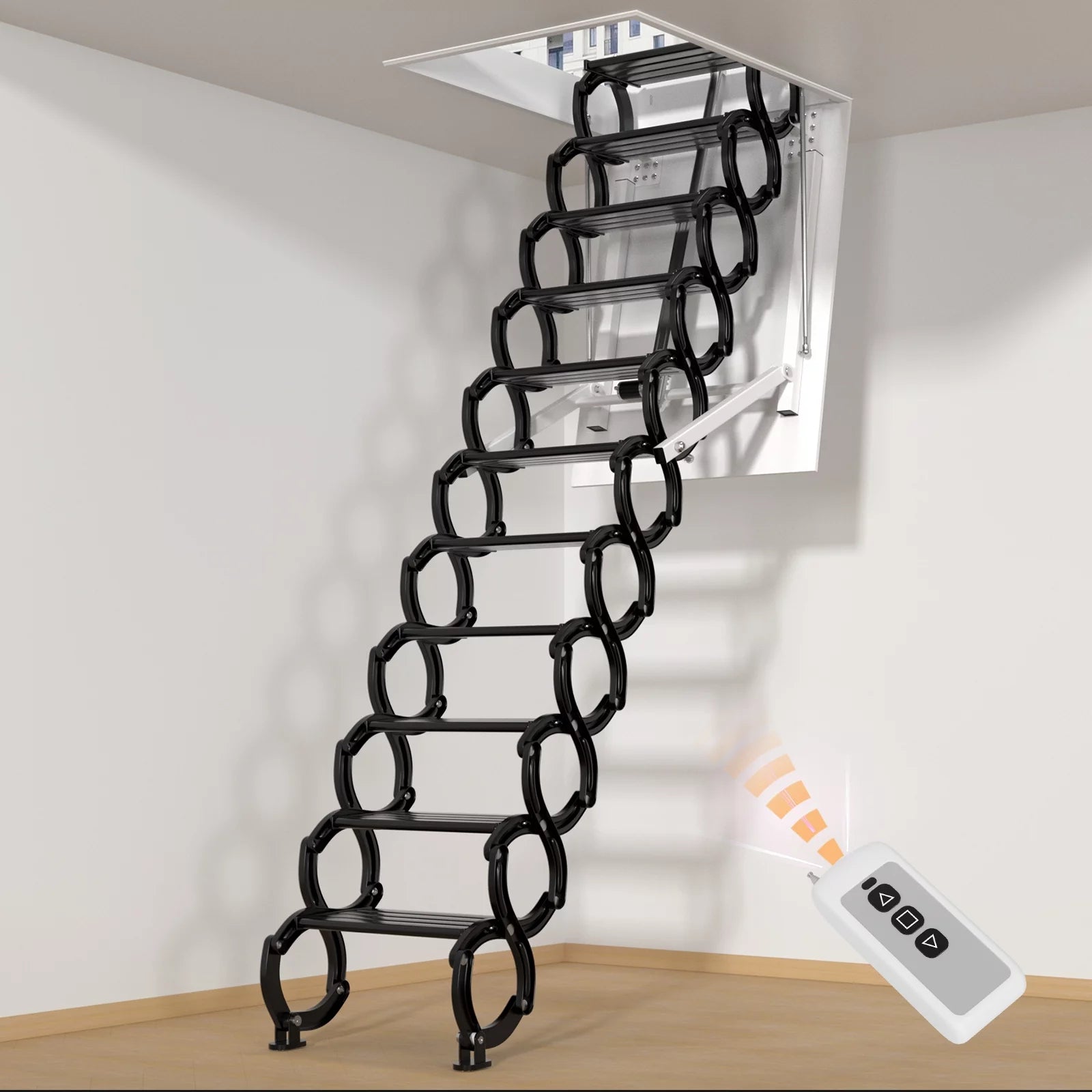 TOPTENG 11 Steps Electric Ceiling Ladder Aluminum Folding Attic Stairs with Remote B757
