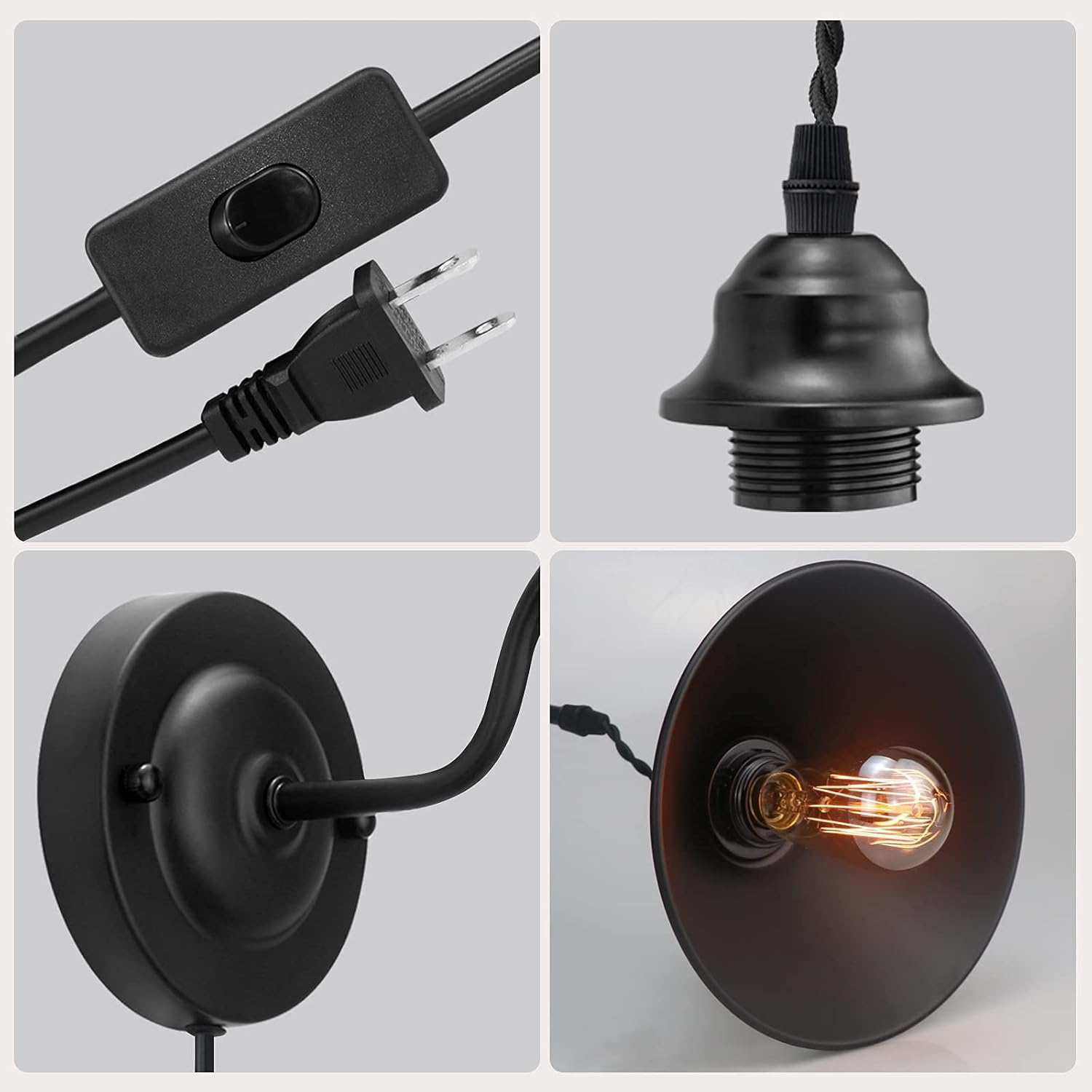 Vintage Plug in Wall Sconces Set of 2 with On/Off Switch, Metal Black Industrial Gooseneck Wall Lamp S132294