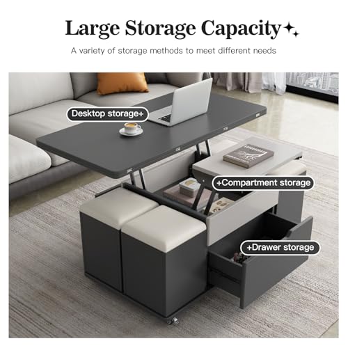 Modern Lifting Coffee Table with 4 Stools and Storage D3758