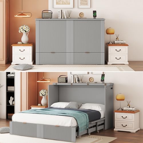 Harper & Bright Designs Queen Murphy Bed Cabinet with USB Charging Station, White D9669