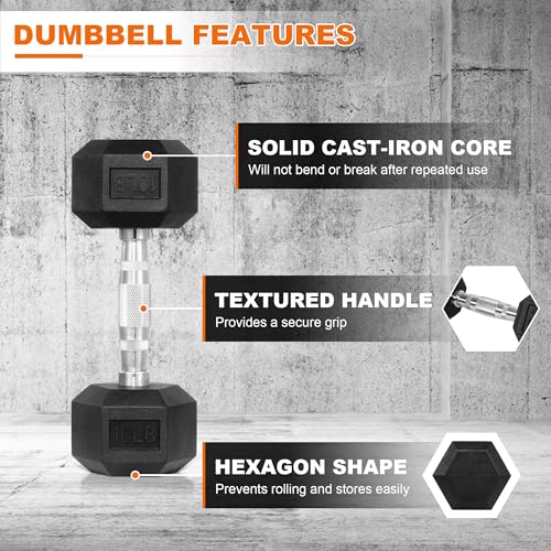 Hex Dumbbells Rubber Coated Hand Weights, 25 LB Pair V6883