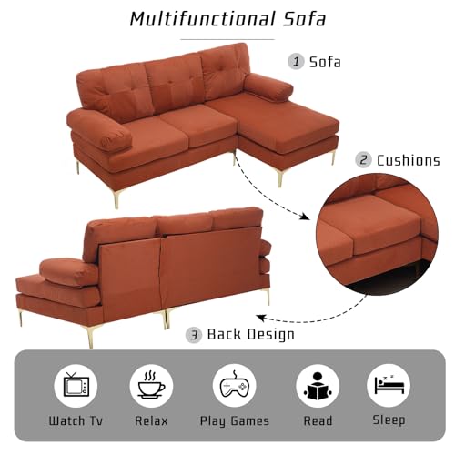 80.7" L Shaped Sleeper Sofa with Chaise, Chenille Fabric, Orange P292