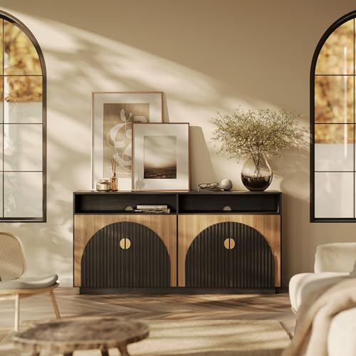 BELLEZE 65 Inch Fluted Buffet Cabinet with Storage, Caramel Brown U96619