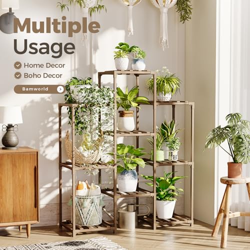 Bamworld Plant Stand Indoor Outdoor Wood Plant Rack 3 Tier Ladder D51744