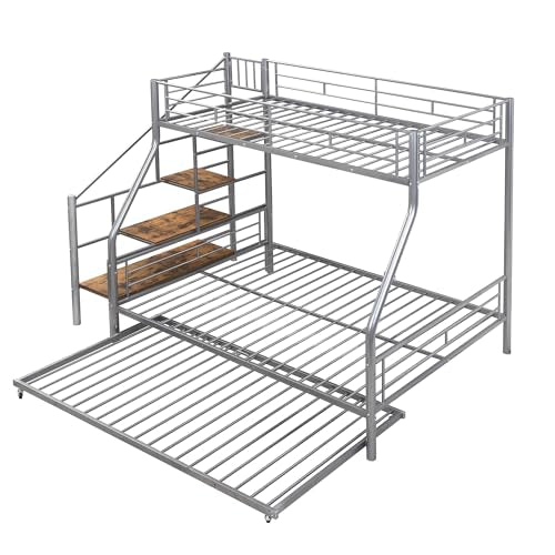 Twin Over Full Metal Bunk Bed with Trundle and Stairs Y9724