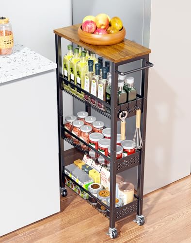 Utility Slim Storage Cart 4-Tier Rolling Cart with Wood Top A517006