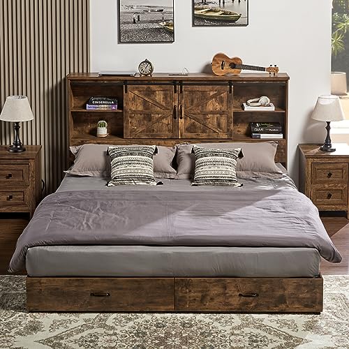 VanAcc Full Size Wooden Platform Bed with Bookcase Headboard and 2 Drawers O6158
