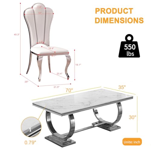 Goujxcy White Marble Dining Table Set for 6 with 4 Leather Chairs M989