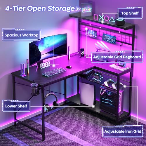 Bestier 42 L Gaming Desk with Power Outlets, LED Lights and Shelves D8630