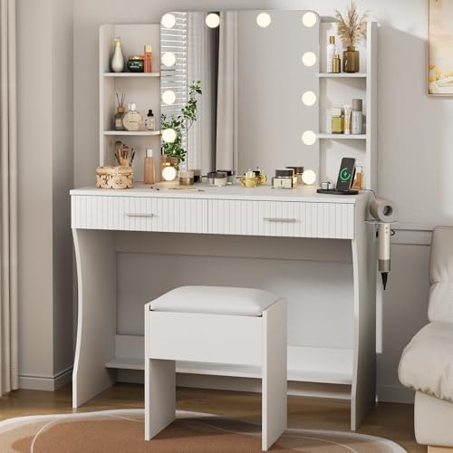 White Vanity Desk with LED Mirror and Storage Stool D5834