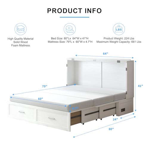 PUREMIND Queen Murphy Bed Cabinet with 2 Storage Drawers and USB Charging Station R5817