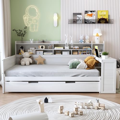 Bellemave Twin Corner Bed Frame with Storage Shelves and Desk, Gray L74206