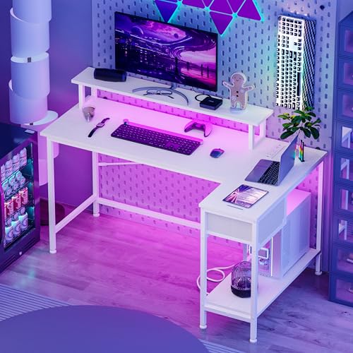 Fixwal L Shaped Gaming Desk with Power Outlets and LED Lights, Rustic Brown J2138