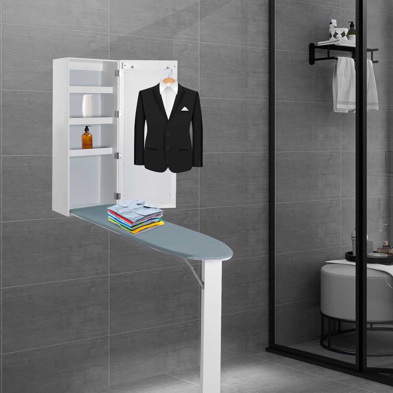 Wall-Mounted Ironing Board Cabinet with Mirror, White B1815