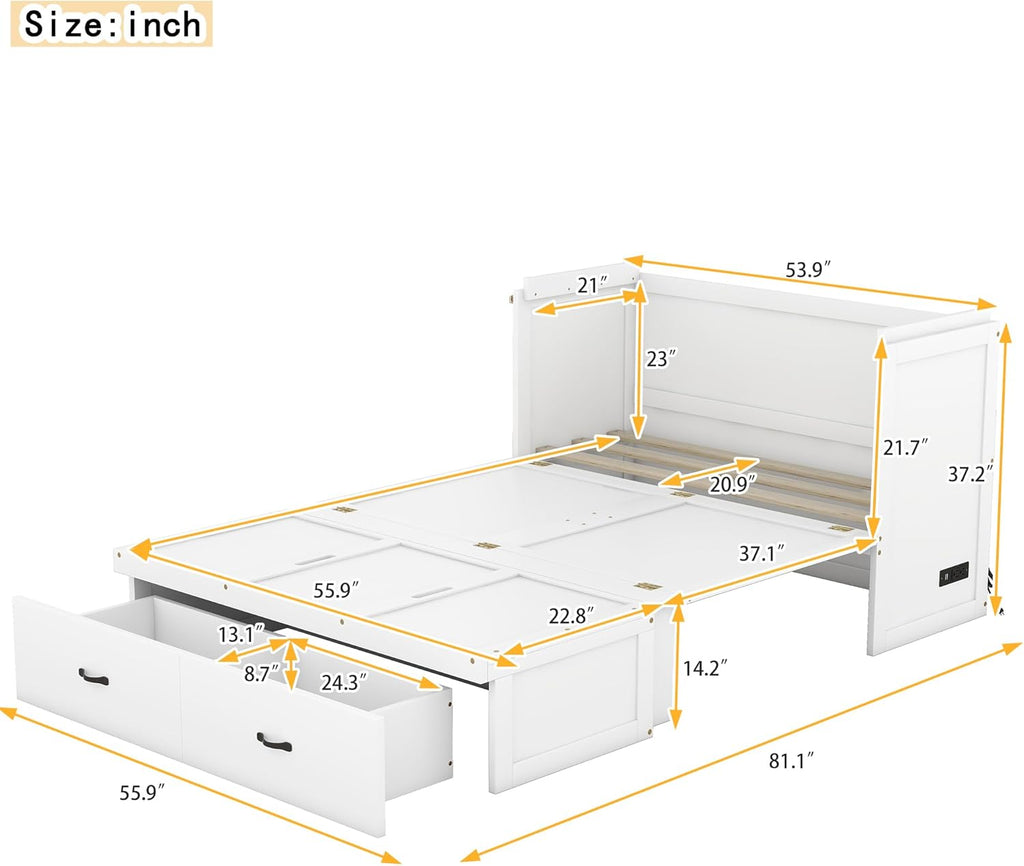 Full Size Murphy Bed Cabinet with Storage Drawer and USB Port, White L988395