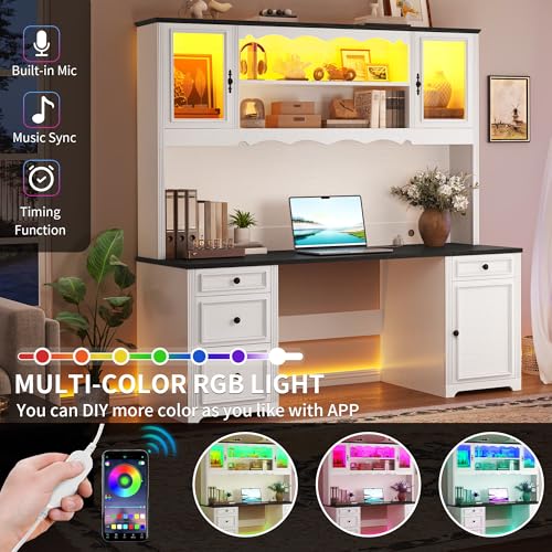 YITAHOME Executive Desk with Hutch, Drawers, Power Outlet & LED Lights, White & Black Z850393