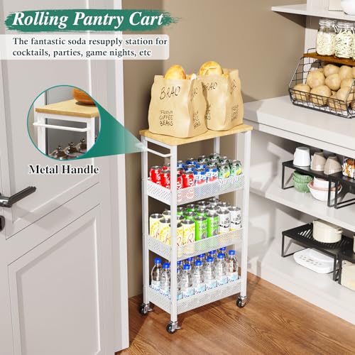 Utility Slim Storage Cart 4-Tier Rolling Cart with Wood Top A517006
