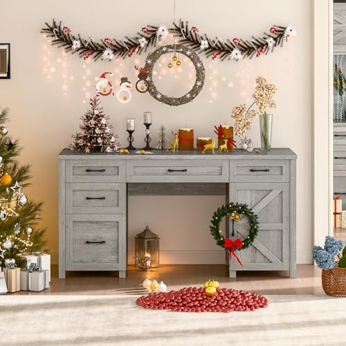 Farmhouse 61" Executive Desk with 5 Drawers and Charging Station, Pure Black W116439