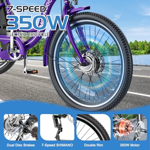 MOONCOOL Electric Tricycle for Adults, 350W 36V, 7 Speeds with Large Basket L833080