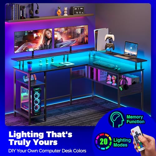 Rolanstar Computer Desk 56.7" with LED Lights and Power Outlets, Carbon Fiber Surface K1543