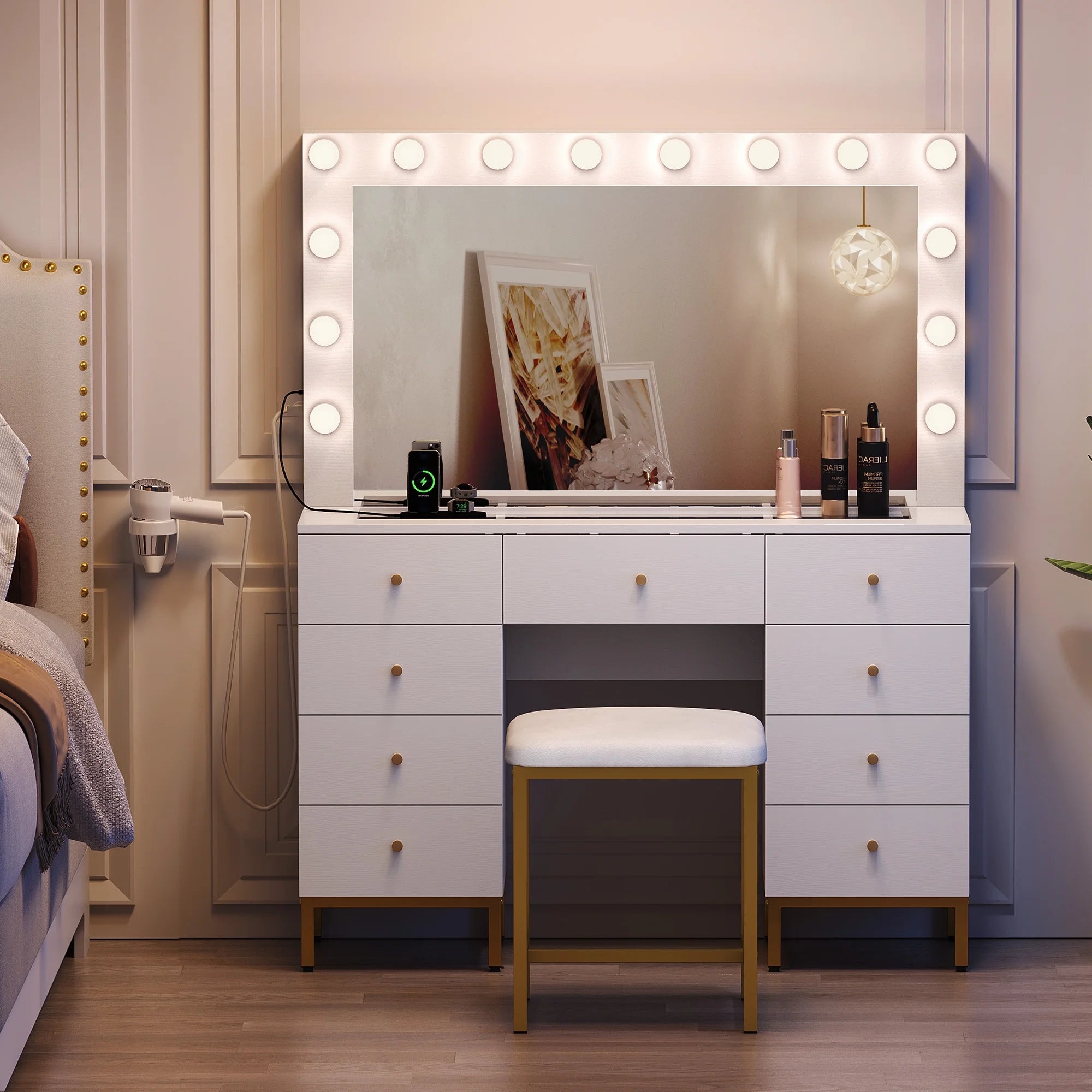 DWVO Vanity Table Set with 3 Color Lighted Mirror & Charging Station & Stool, Modern Makeup Vanity Dressing Table with 9 Drawers for Bedroom, Gold and White Vanity Desk for Women Girls
