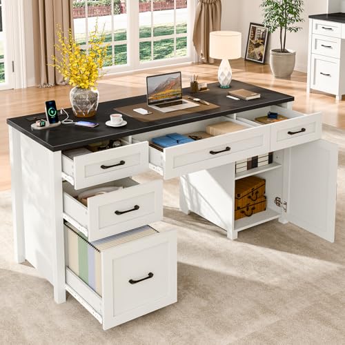 Farmhouse 61" Executive Desk with 5 Drawers and Charging Station, Pure Black W116439