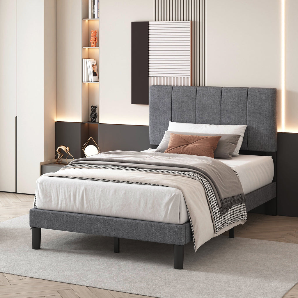 SYNGAR Twin Bed Frame, Fabric Upholstered Platform Bed with Adjustable Headboard, Grey P101127