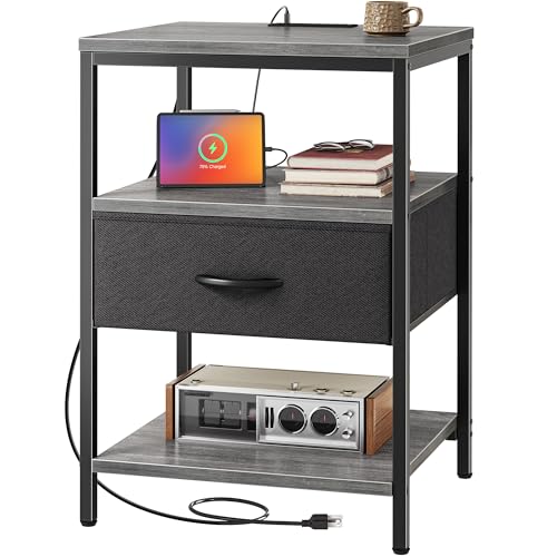 SUPERJARE Nightstand with Charging Station, Fabric Drawer, 3-Tier Storage, Walnut K366263
