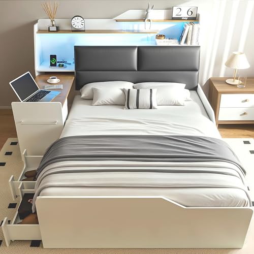 Full Platform Bed Frame with Foldable Desk, Storage Headboard, LED Light Y18160
