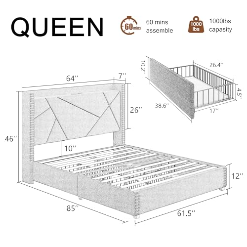 Upholstered Queen Bed Frame with 4 Storage Drawers and Charging Station, Light Grey K875