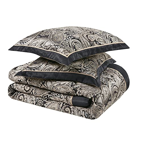 Madison Park Cal King 7 Piece Comforter Set, Faux Silk Jacquard Paisley, Black S501