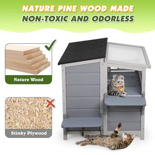 Warm Wood Cat Shelter with Sunlight Roof for Outdoor Use J791