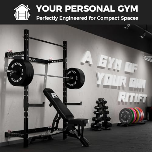 RitFit Multi-Functional Folding Squat Rack for Home Gym, Wall Mounted with Attachments V171188