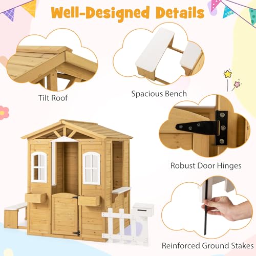 Costzon Outdoor Fir Wood Playhouse for Kids with Bench & Mailbox N477566