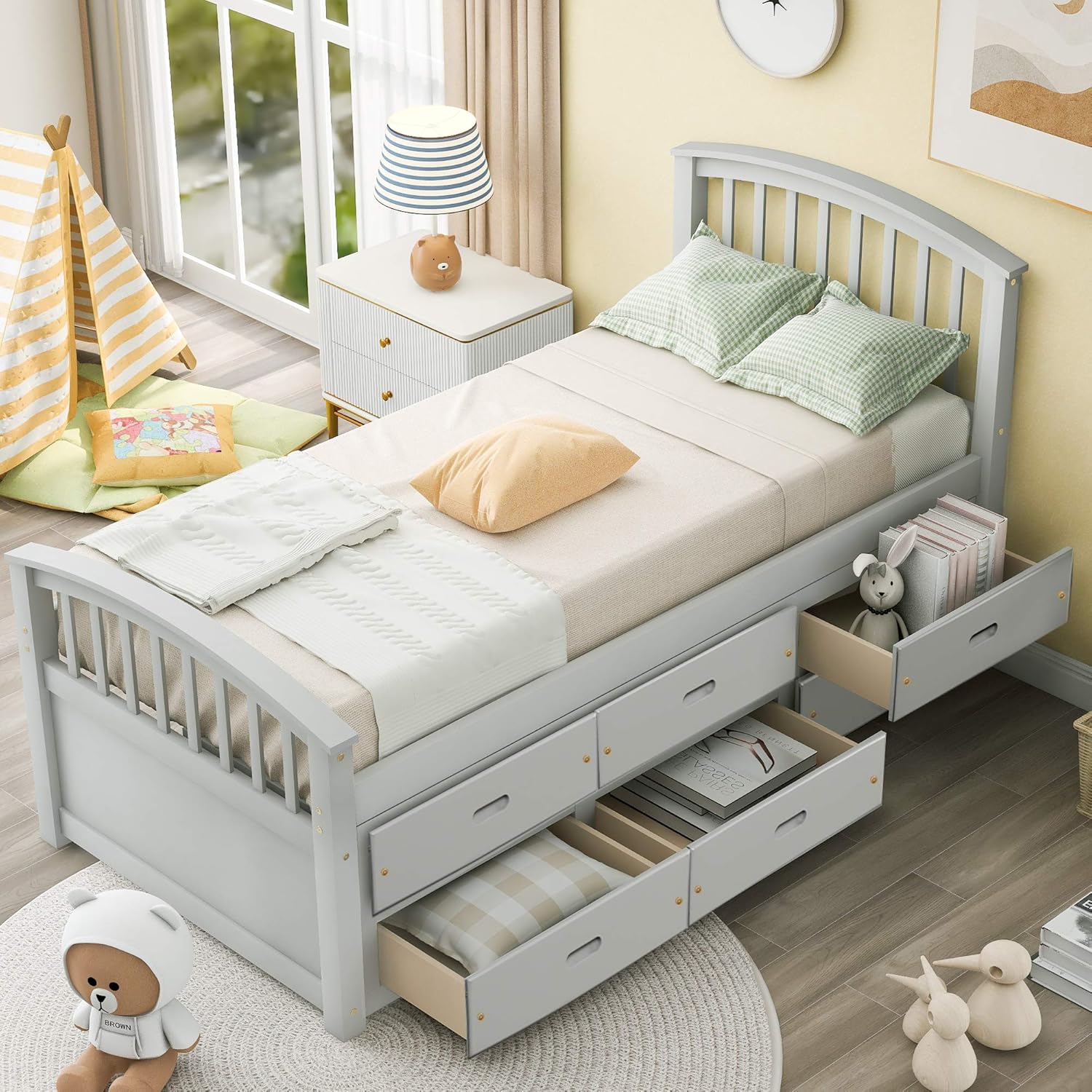 Twin Size Platform Storage Bed Solid Wood with 6 Drawers, Gray V756792