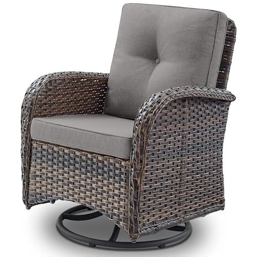 Outdoor Wicker Swivel Rocker Chairs Set of 2 with Rattan Side Table, Brown/Blue B592