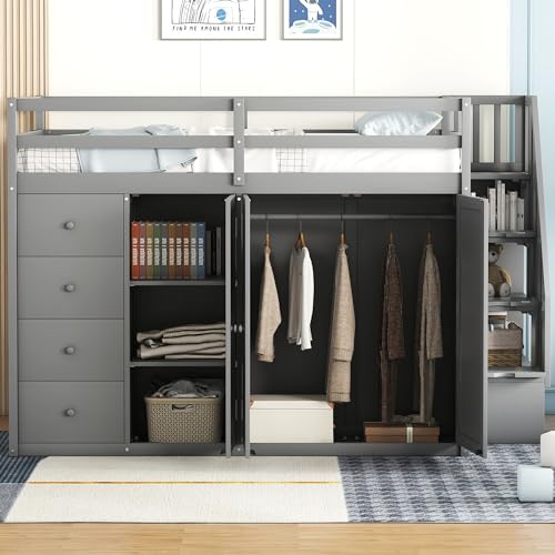 Harper & Bright Designs Twin Size Loft Bed with L-Shaped Desk and Stairs, Solid Wood, White D768